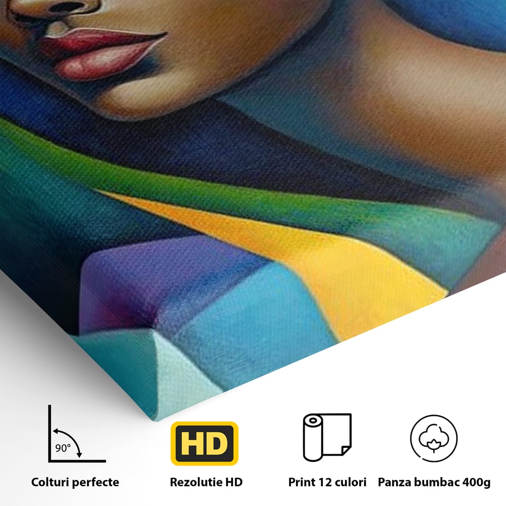 Detaliu al suprafetei: tablou canvas cu portret feminin geometric, fara rama, pe sasiu de lemn